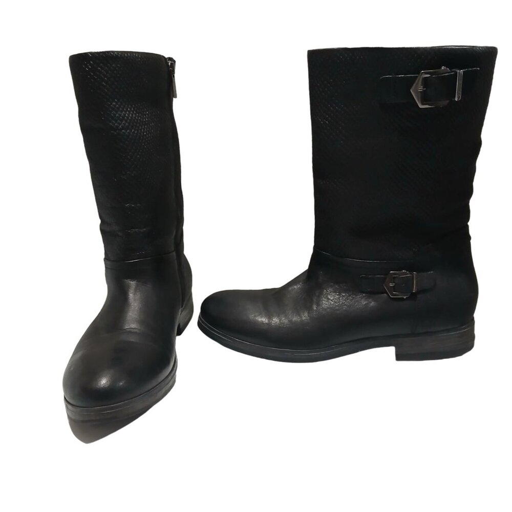 Igi & Co Italian Leather Black Biker Mid-Calf Boots Size 9.5 Quilted Buckle